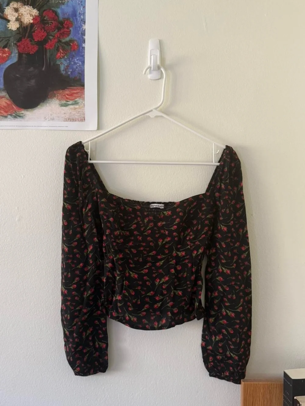 Reformation Reign Top — Black Square-Neck Blouse with Red Floral Print